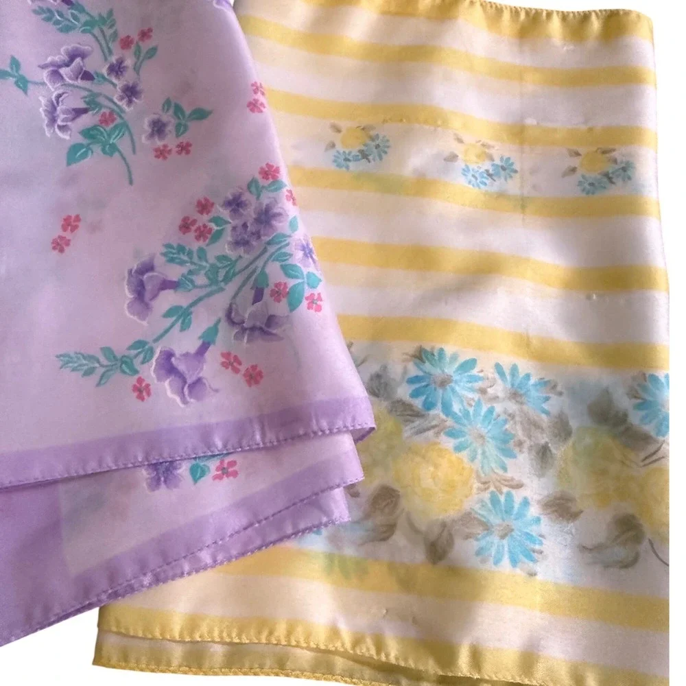 Vintage Floral Satin Scarf‎ Lot of 2 – Pastel Purple & Yellow Spring Easter